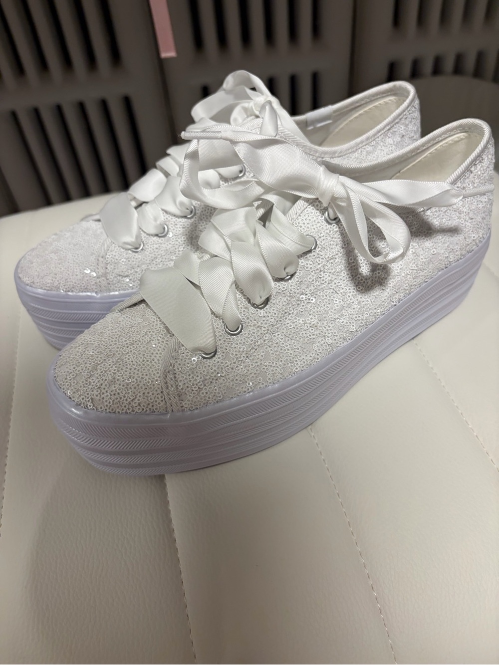 Keds White Sequin Platform Sneakers with Satin Laces
